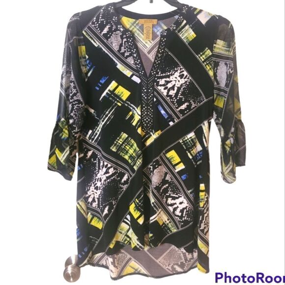 Valerie Stevens Womens Funky Black & Yellow Multiprint Blouse, M - Picture 1 of 8